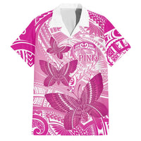 Personalised Polynesia Breast Cancer Awareness Family Matching Off Shoulder Maxi Dress and Hawaiian Shirt Think Pink Ribbon Polynesian Butterflies LT14 Dad's Shirt - Short Sleeve Pink - Polynesian Pride