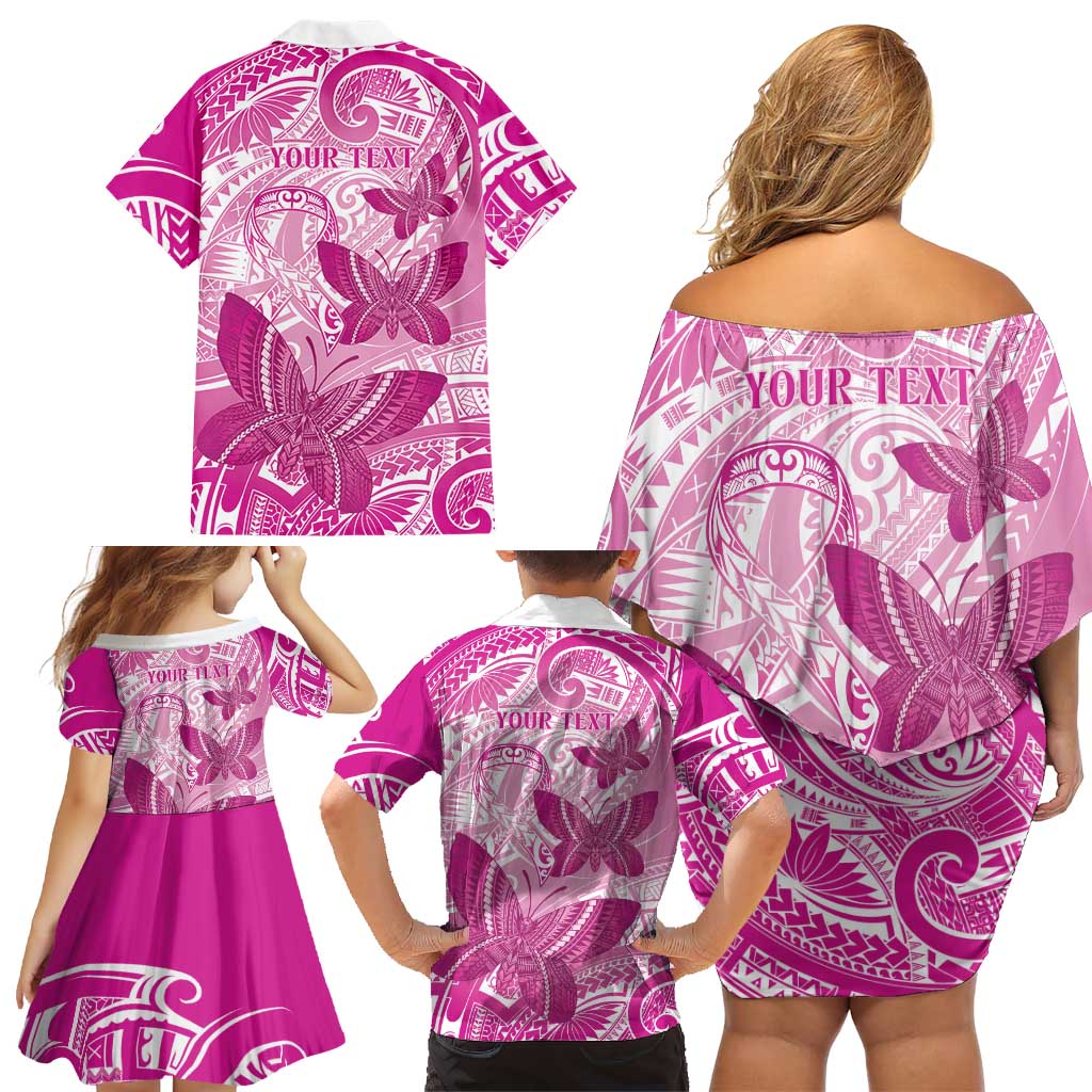 Personalised Polynesia Breast Cancer Awareness Family Matching Off Shoulder Short Dress and Hawaiian Shirt Think Pink Ribbon Polynesian Butterflies LT14 - Polynesian Pride