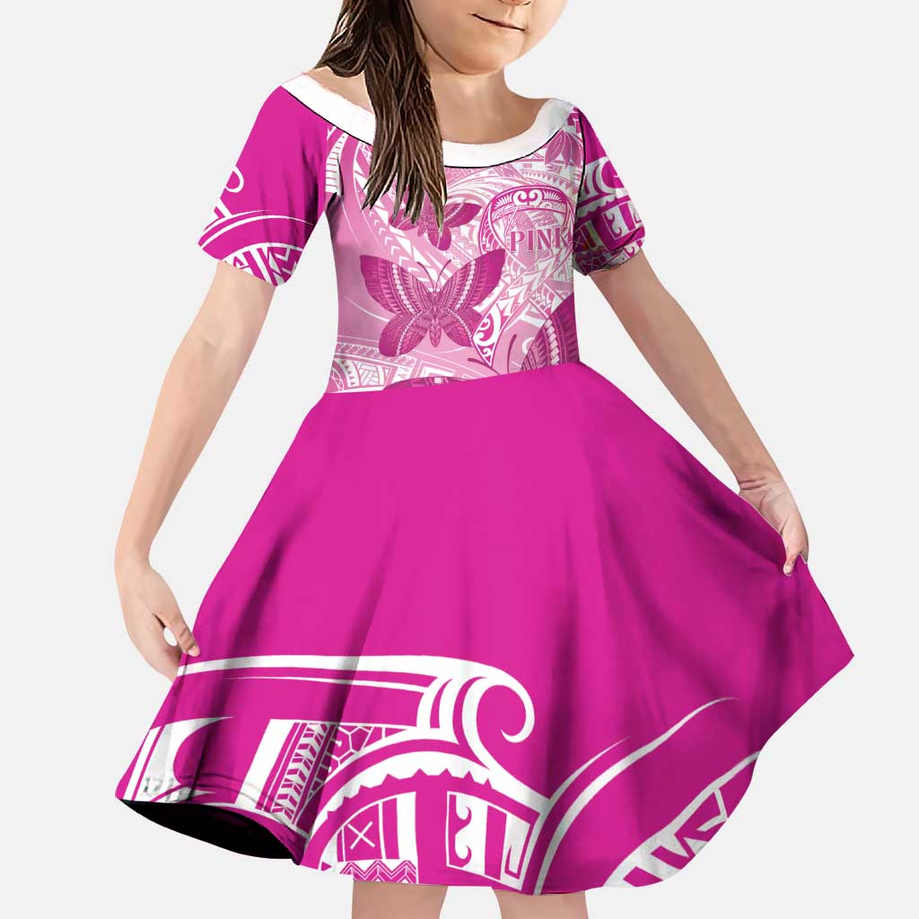 Personalised Polynesia Breast Cancer Awareness Family Matching Puletasi and Hawaiian Shirt Think Pink Ribbon Polynesian Butterflies LT14 Daughter's Dress Pink - Polynesian Pride