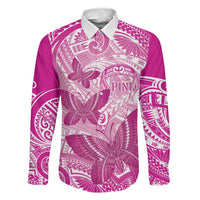 Personalised Polynesia Breast Cancer Awareness Family Matching Tank Maxi Dress and Hawaiian Shirt Think Pink Ribbon Polynesian Butterflies LT14 Dad's Shirt - Long Sleeve Pink - Polynesian Pride