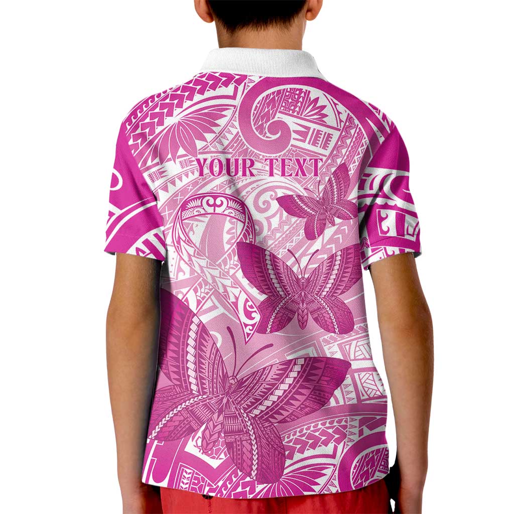 Personalised Polynesia Breast Cancer Awareness Kid Polo Shirt Think Pink Ribbon Polynesian Butterflies