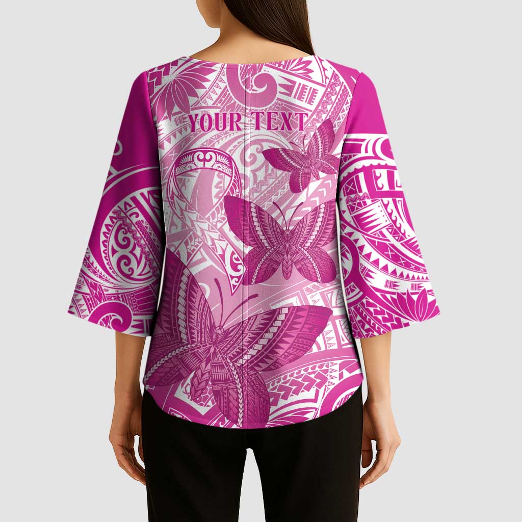 Personalised Polynesia Breast Cancer Awareness Kimono Sleeve Blouse Think Pink Ribbon Polynesian Butterflies