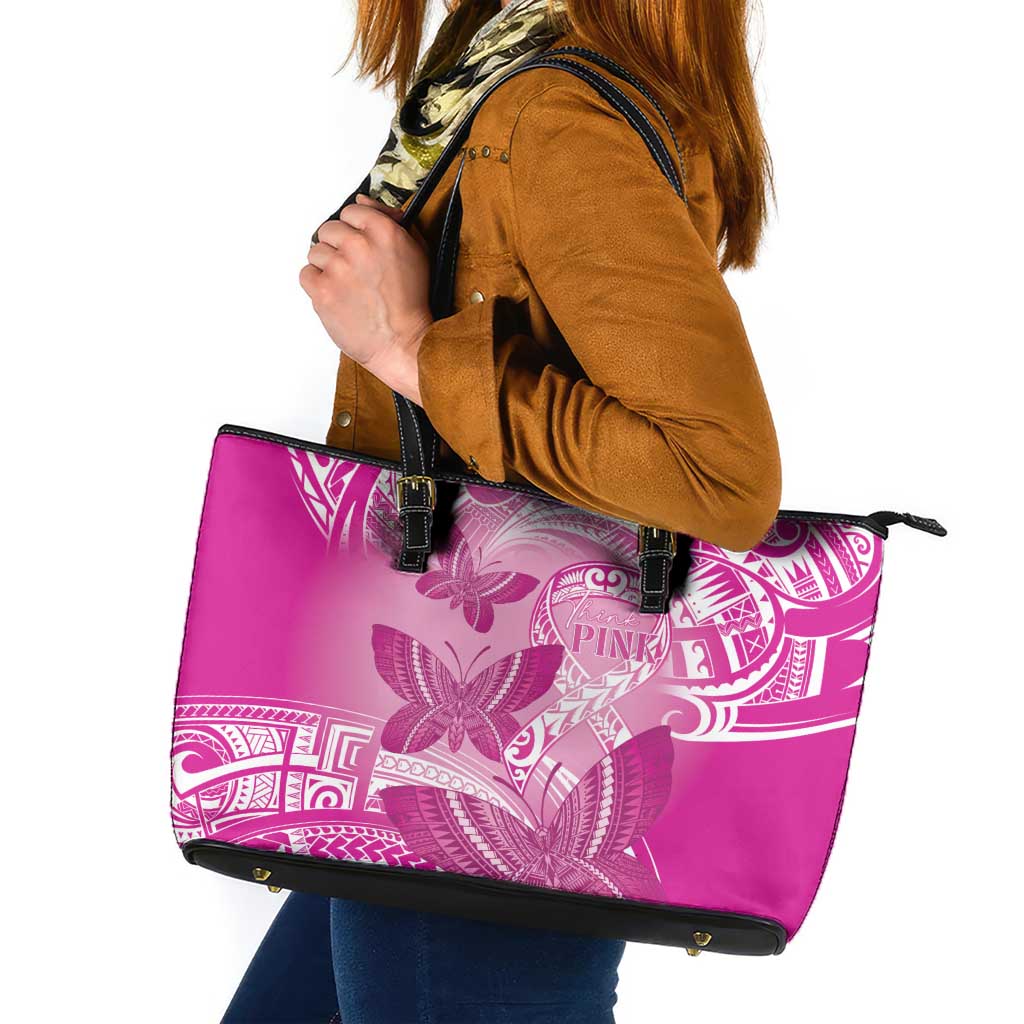 Polynesia Breast Cancer Awareness Leather Tote Bag Think Pink Ribbon Polynesian Butterflies