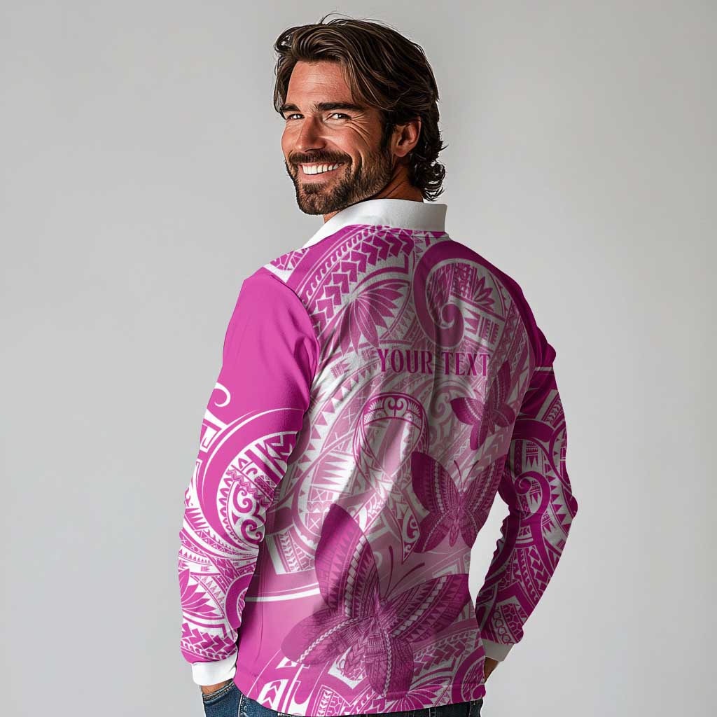 Personalised Polynesia Breast Cancer Awareness Long Sleeve Polo Shirt Think Pink Ribbon Polynesian Butterflies