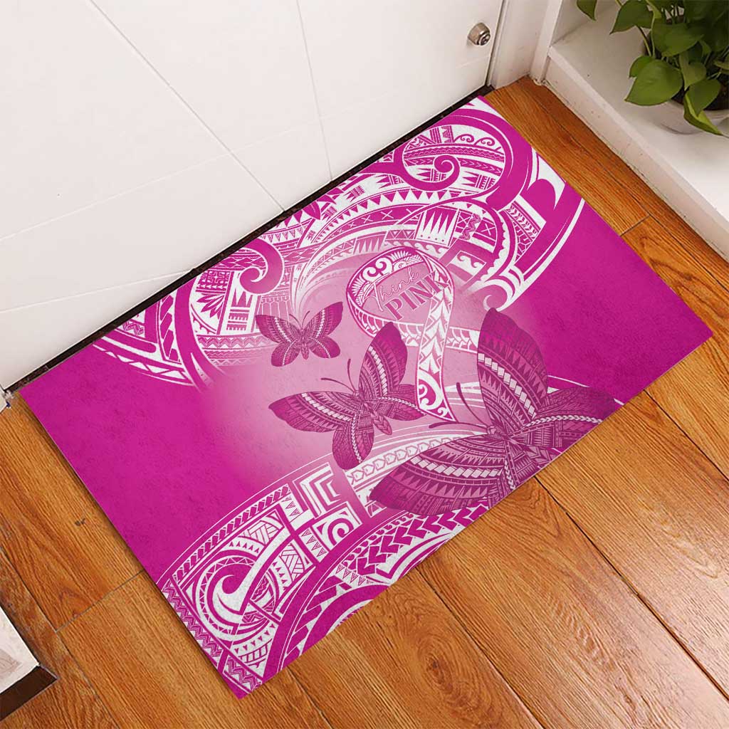 Polynesia Breast Cancer Awareness Rubber Doormat Think Pink Ribbon Polynesian Butterflies