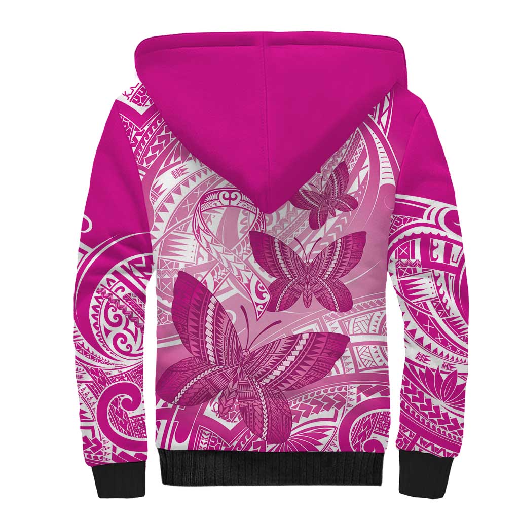 Personalised Polynesia Breast Cancer Awareness Sherpa Hoodie Think Pink Ribbon Polynesian Butterflies