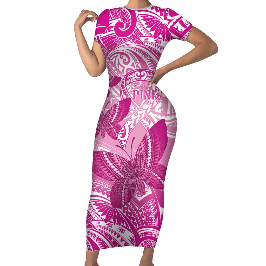 Personalised Polynesia Breast Cancer Awareness Short Sleeve Bodycon Dress Think Pink Ribbon Polynesian Butterflies LT14 Long Dress Pink - Polynesian Pride