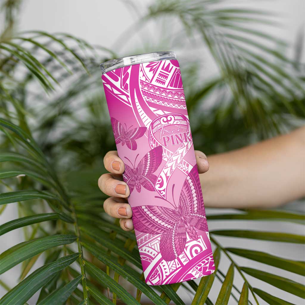 Personalised Polynesia Breast Cancer Awareness Skinny Tumbler Think Pink Ribbon Polynesian Butterflies LT14 - Polynesian Pride