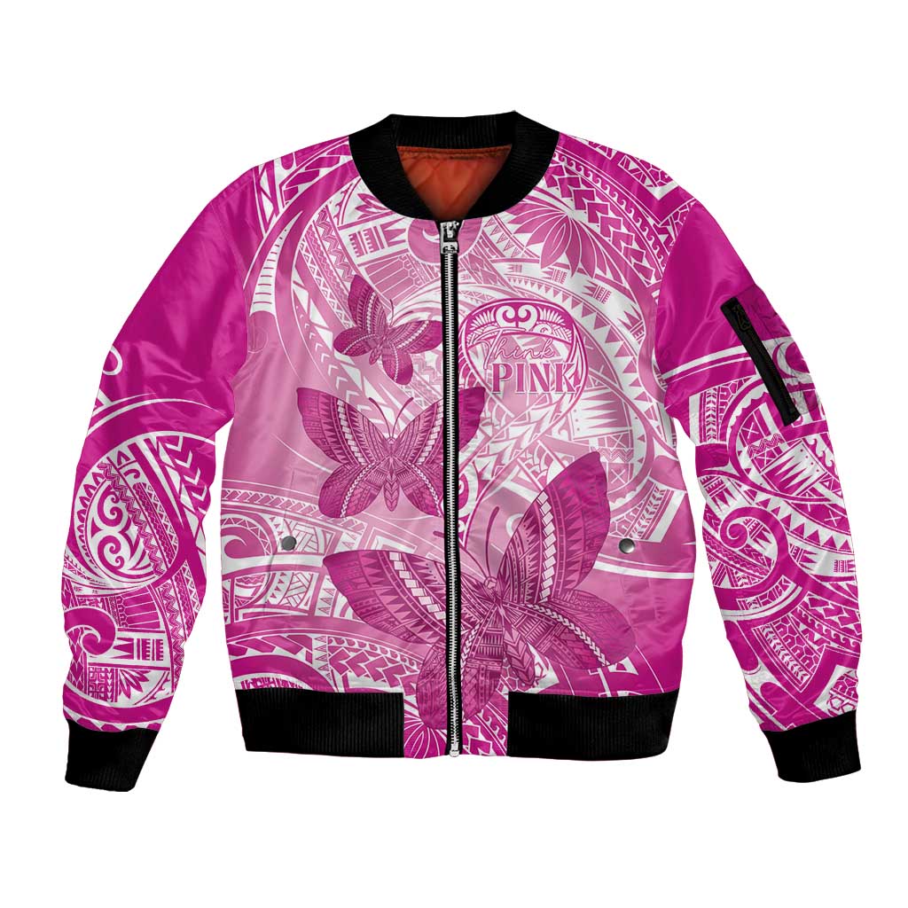 Personalised Polynesia Breast Cancer Awareness Sleeve Zip Bomber Jacket Think Pink Ribbon Polynesian Butterflies