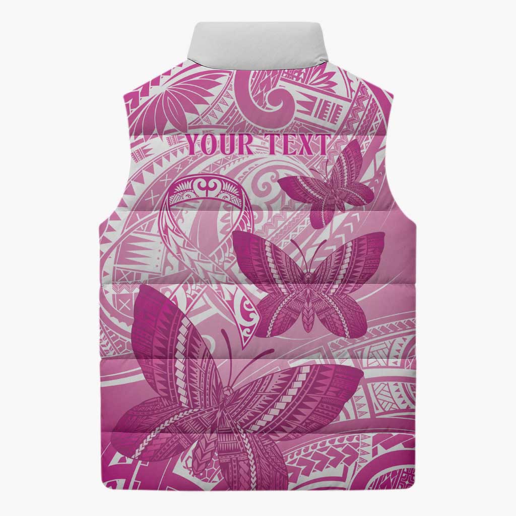 Personalised Polynesia Breast Cancer Awareness Sleeveless Puffer Jacket Think Pink Ribbon Polynesian Butterflies