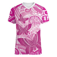 Personalised Polynesia Breast Cancer Awareness Women V-Neck T-Shirt Think Pink Ribbon Polynesian Butterflies