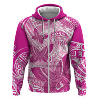 Personalised Polynesia Breast Cancer Awareness Zip Hoodie Think Pink Ribbon Polynesian Butterflies