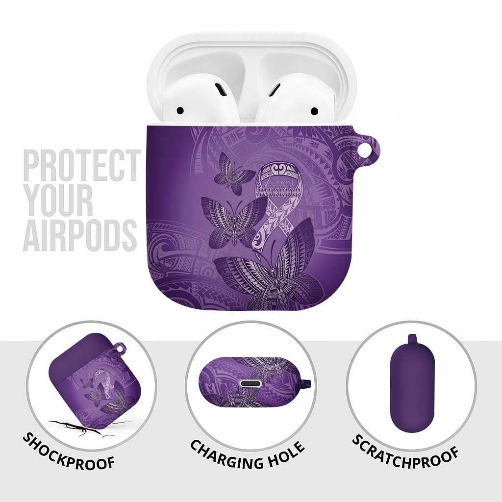Polynesia Lupus Awareness Month AirPods Case Warrior Purple Ribbon Polynesian Butterflies