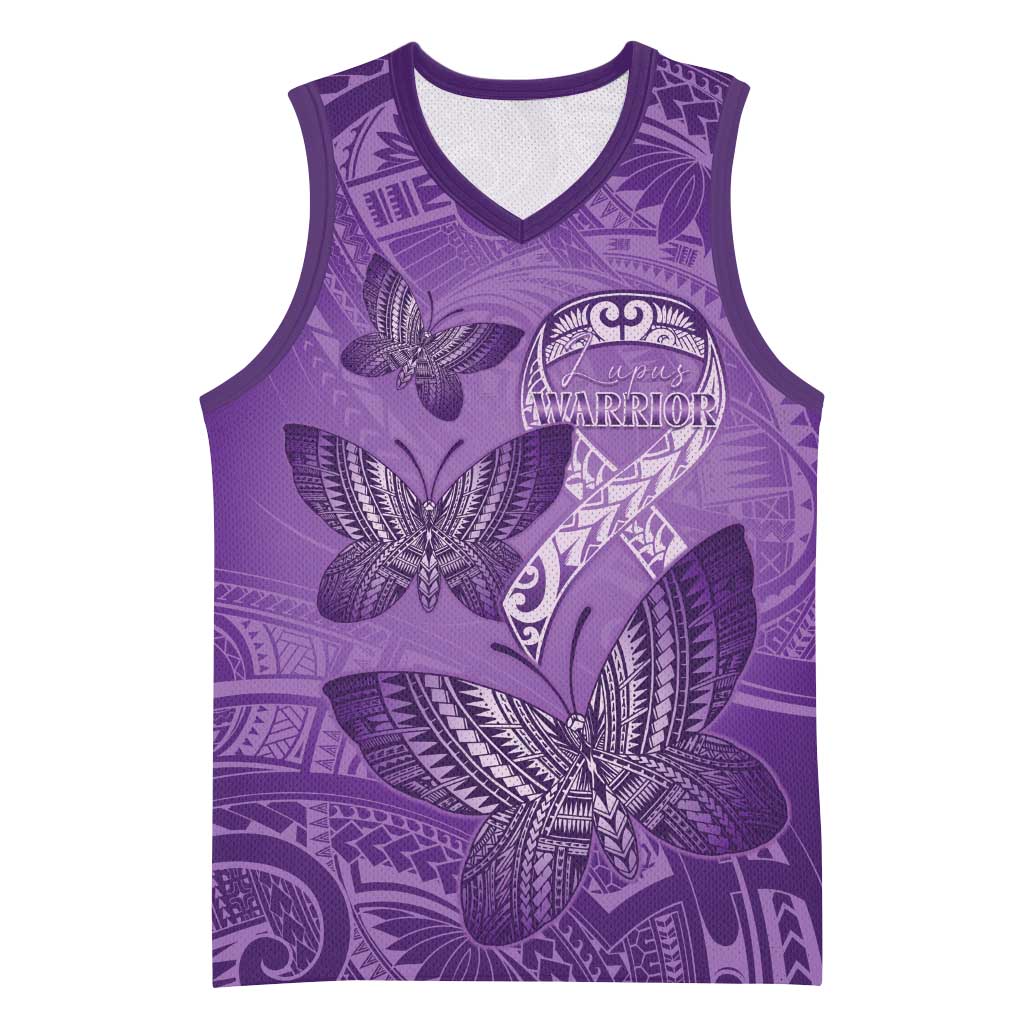 Personalised Polynesia Lupus Awareness Month Basketball Jersey Warrior Purple Ribbon Polynesian Butterflies