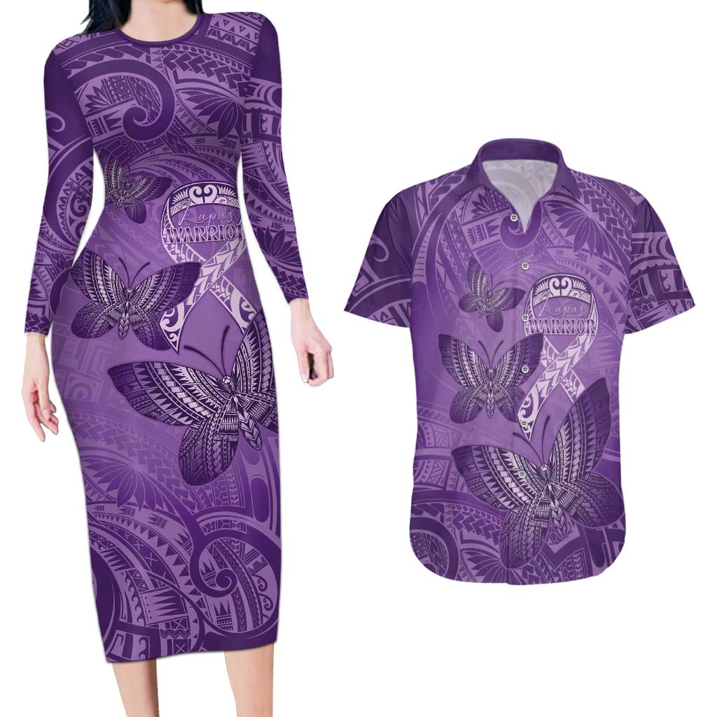 Personalised Polynesia Lupus Awareness Month Couples Matching Long Sleeve Bodycon Dress and Hawaiian Shirt Warrior Purple Ribbon Polynesian Butterflies LT14 Purple - Polynesian Pride