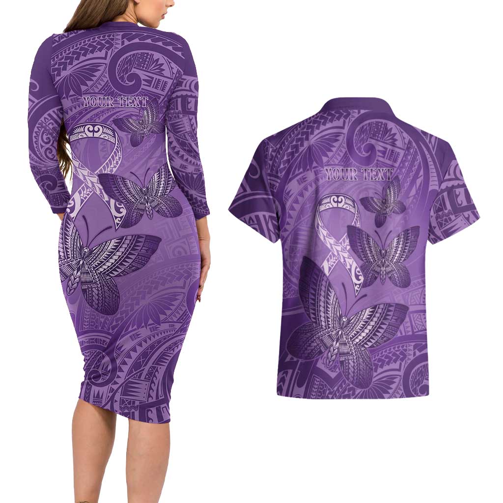 Personalised Polynesia Lupus Awareness Month Couples Matching Long Sleeve Bodycon Dress and Hawaiian Shirt Warrior Purple Ribbon Polynesian Butterflies LT14 - Polynesian Pride