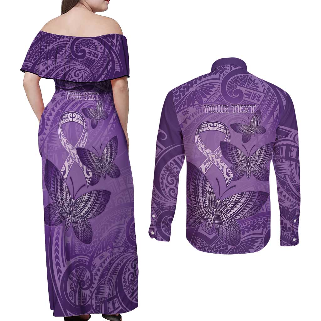 Personalised Polynesia Lupus Awareness Month Couples Matching Off Shoulder Maxi Dress and Long Sleeve Button Shirt Warrior Purple Ribbon Polynesian Butterflies LT14 - Polynesian Pride
