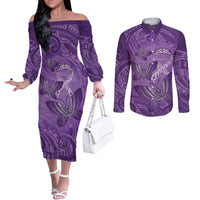 Personalised Polynesia Lupus Awareness Month Couples Matching Off The Shoulder Long Sleeve Dress and Long Sleeve Button Shirt Warrior Purple Ribbon Polynesian Butterflies