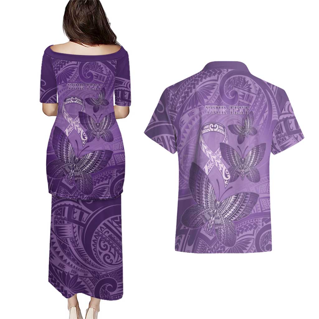 Personalised Polynesia Lupus Awareness Month Couples Matching Puletasi and Hawaiian Shirt Warrior Purple Ribbon Polynesian Butterflies