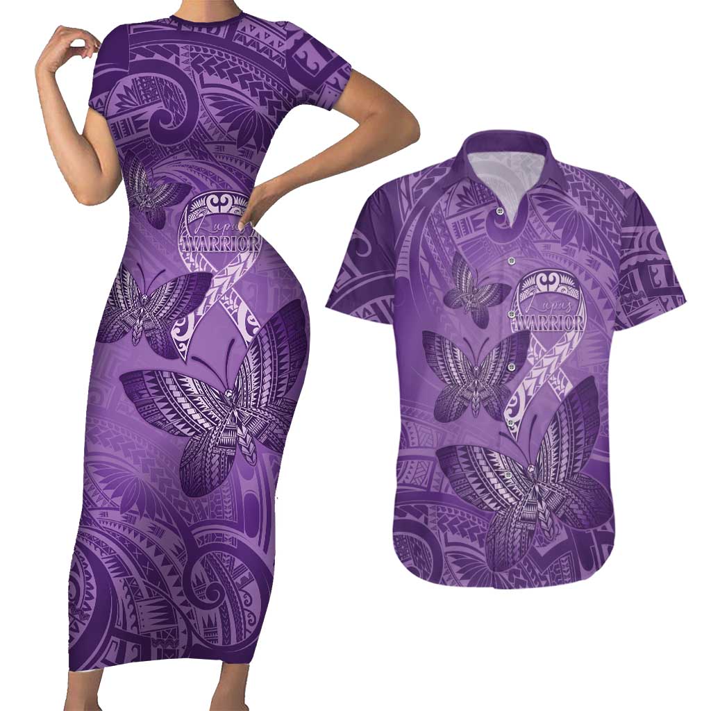 Personalised Polynesia Lupus Awareness Month Couples Matching Short Sleeve Bodycon Dress and Hawaiian Shirt Warrior Purple Ribbon Polynesian Butterflies LT14 Purple - Polynesian Pride