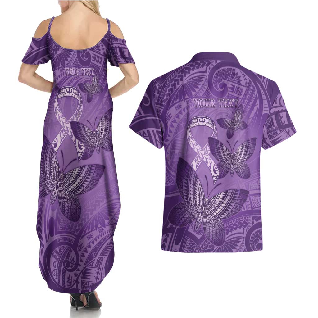 Personalised Polynesia Lupus Awareness Month Couples Matching Summer Maxi Dress and Hawaiian Shirt Warrior Purple Ribbon Polynesian Butterflies