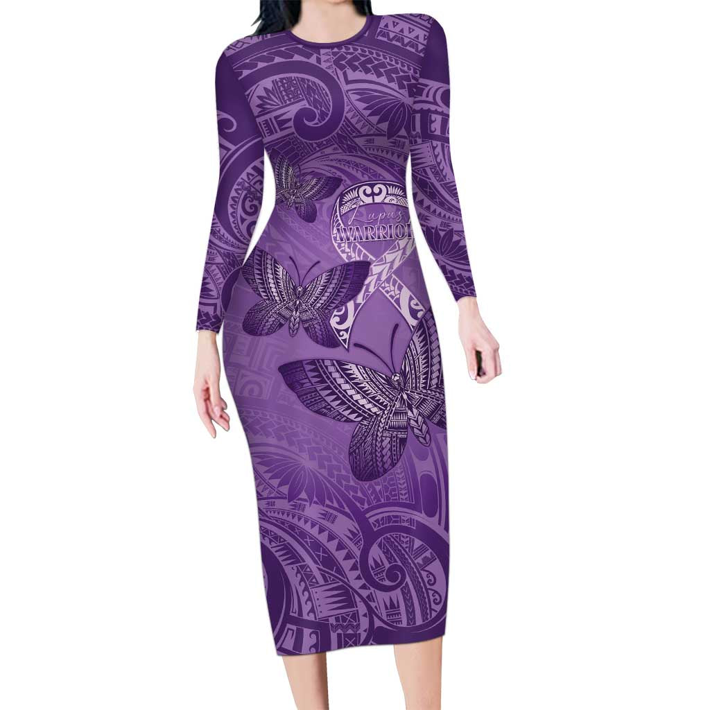 Personalised Polynesia Lupus Awareness Month Family Matching Long Sleeve Bodycon Dress and Hawaiian Shirt Warrior Purple Ribbon Polynesian Butterflies LT14 Mom's Dress Purple - Polynesian Pride