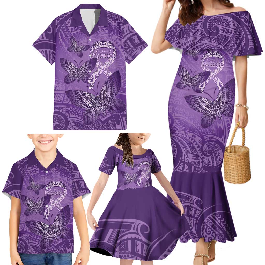 Personalised Polynesia Lupus Awareness Month Family Matching Mermaid Dress and Hawaiian Shirt Warrior Purple Ribbon Polynesian Butterflies LT14 - Polynesian Pride