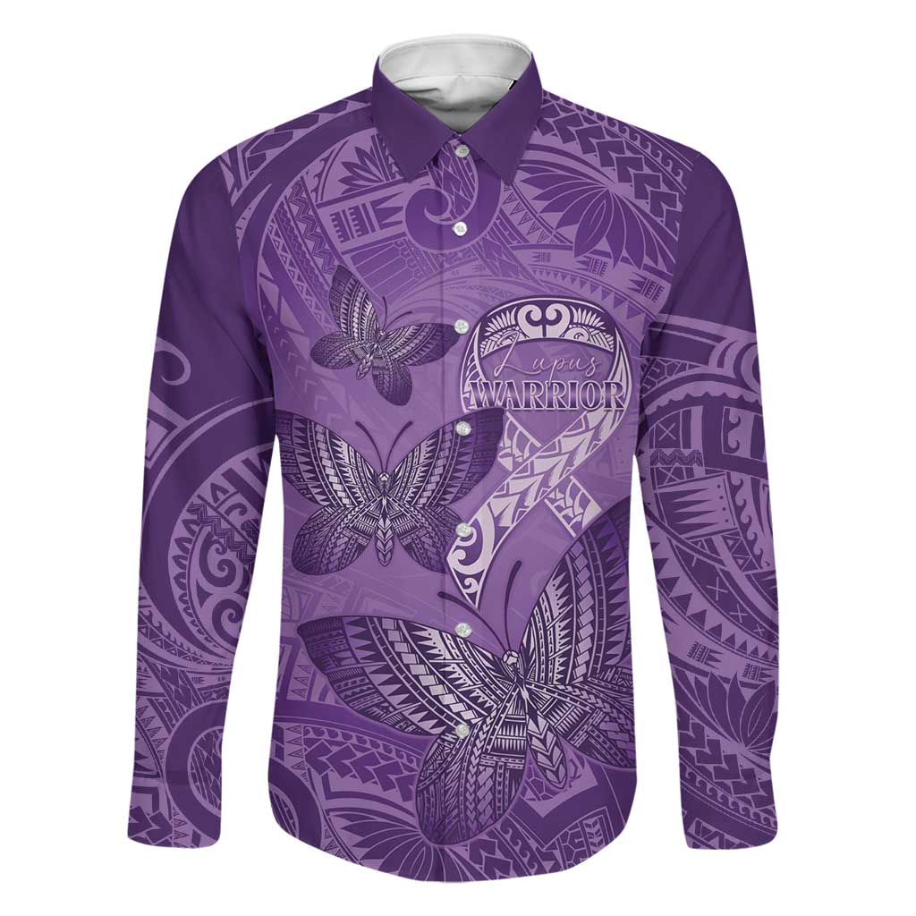 Personalised Polynesia Lupus Awareness Month Family Matching Off The Shoulder Long Sleeve Dress and Hawaiian Shirt Warrior Purple Ribbon Polynesian Butterflies LT14 Dad's Shirt - Long Sleeve Purple - Polynesian Pride
