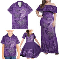 Personalised Polynesia Lupus Awareness Month Family Matching Off Shoulder Maxi Dress and Hawaiian Shirt Warrior Purple Ribbon Polynesian Butterflies LT14 - Polynesian Pride