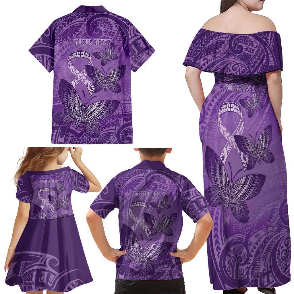 Personalised Polynesia Lupus Awareness Month Family Matching Off Shoulder Maxi Dress and Hawaiian Shirt Warrior Purple Ribbon Polynesian Butterflies LT14 - Polynesian Pride
