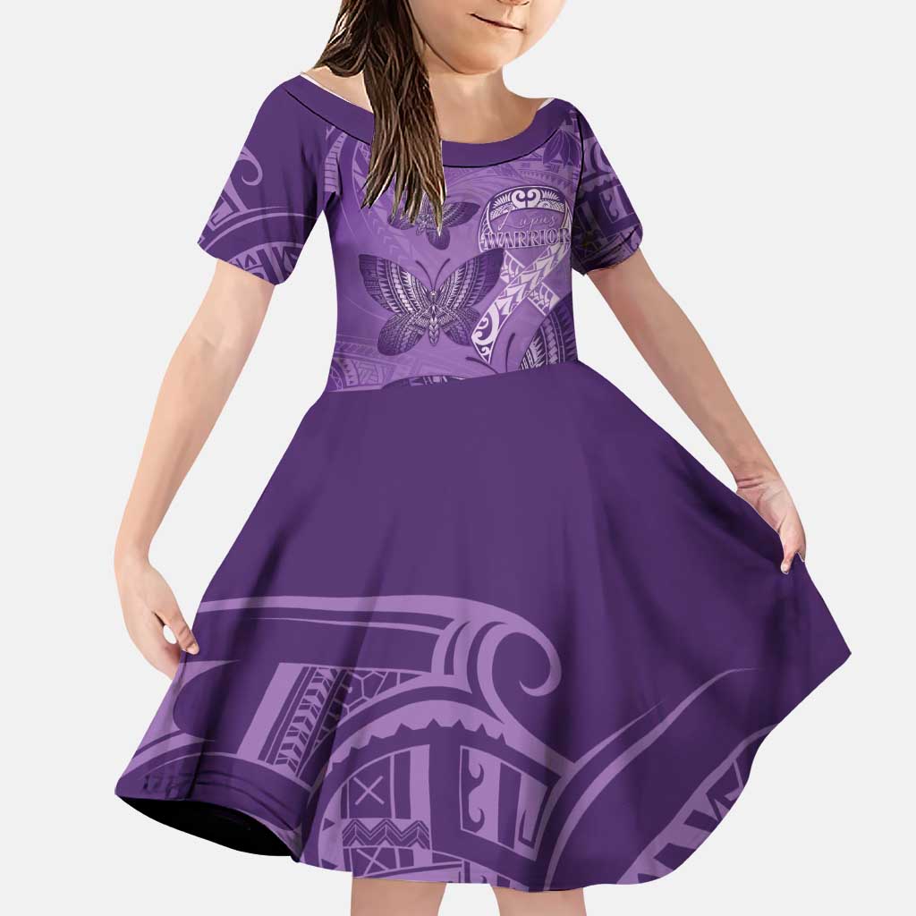 Personalised Polynesia Lupus Awareness Month Family Matching Puletasi and Hawaiian Shirt Warrior Purple Ribbon Polynesian Butterflies LT14 Daughter's Dress Purple - Polynesian Pride