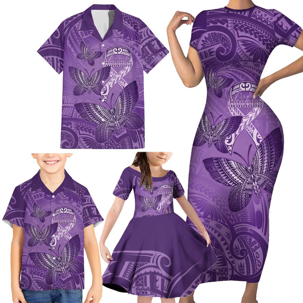 Personalised Polynesia Lupus Awareness Month Family Matching Short Sleeve Bodycon Dress and Hawaiian Shirt Warrior Purple Ribbon Polynesian Butterflies