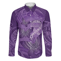 Personalised Polynesia Lupus Awareness Month Family Matching Summer Maxi Dress and Hawaiian Shirt Warrior Purple Ribbon Polynesian Butterflies LT14 Dad's Shirt - Long Sleeve Purple - Polynesian Pride