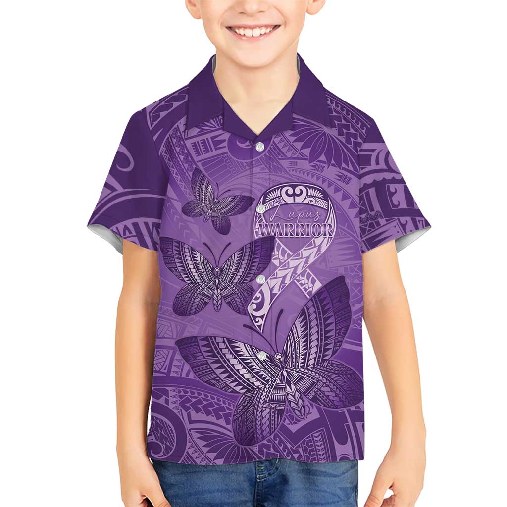 Personalised Polynesia Lupus Awareness Month Family Matching Summer Maxi Dress and Hawaiian Shirt Warrior Purple Ribbon Polynesian Butterflies LT14 Son's Shirt Purple - Polynesian Pride