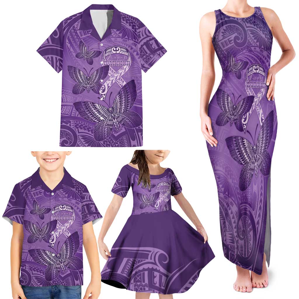 Personalised Polynesia Lupus Awareness Month Family Matching Tank Maxi Dress and Hawaiian Shirt Warrior Purple Ribbon Polynesian Butterflies LT14 - Polynesian Pride