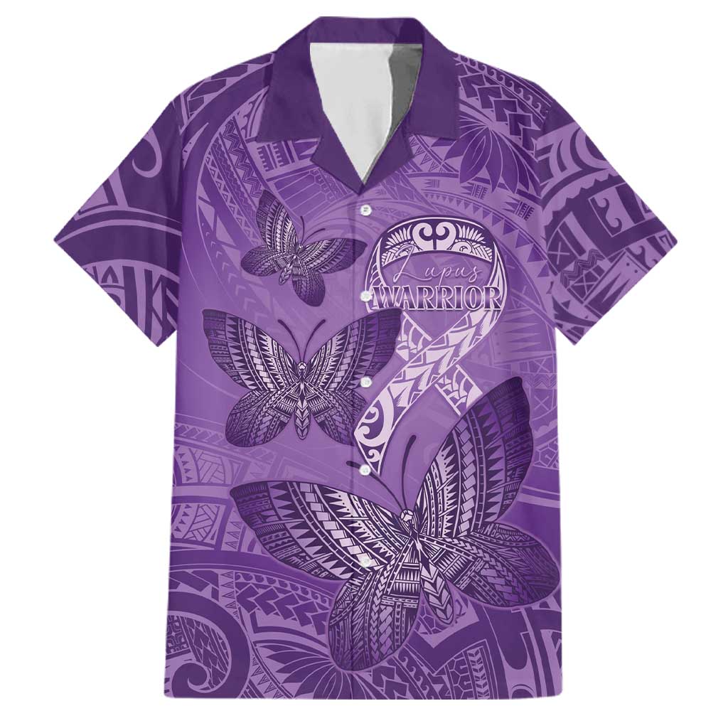 Personalised Polynesia Lupus Awareness Month Family Matching Tank Maxi Dress and Hawaiian Shirt Warrior Purple Ribbon Polynesian Butterflies LT14 Dad's Shirt - Short Sleeve Purple - Polynesian Pride