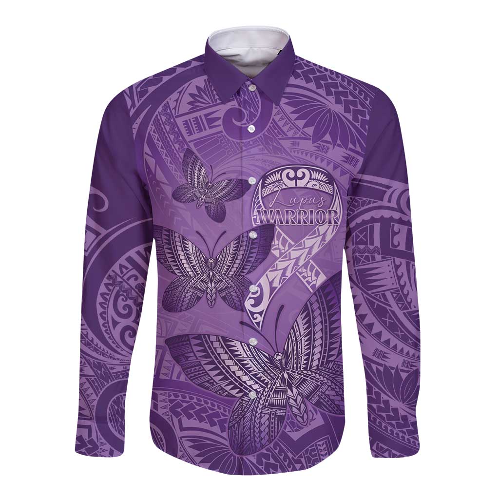 Personalised Polynesia Lupus Awareness Month Long Sleeve Button Shirt Warrior Purple Ribbon Polynesian Butterflies