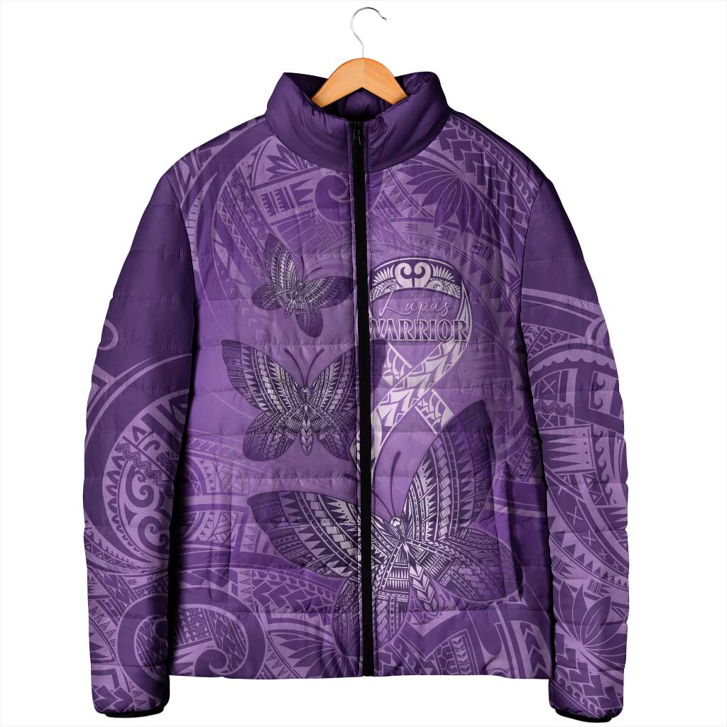 Personalised Polynesia Lupus Awareness Month Padded Jacket Warrior Purple Ribbon Polynesian Butterflies