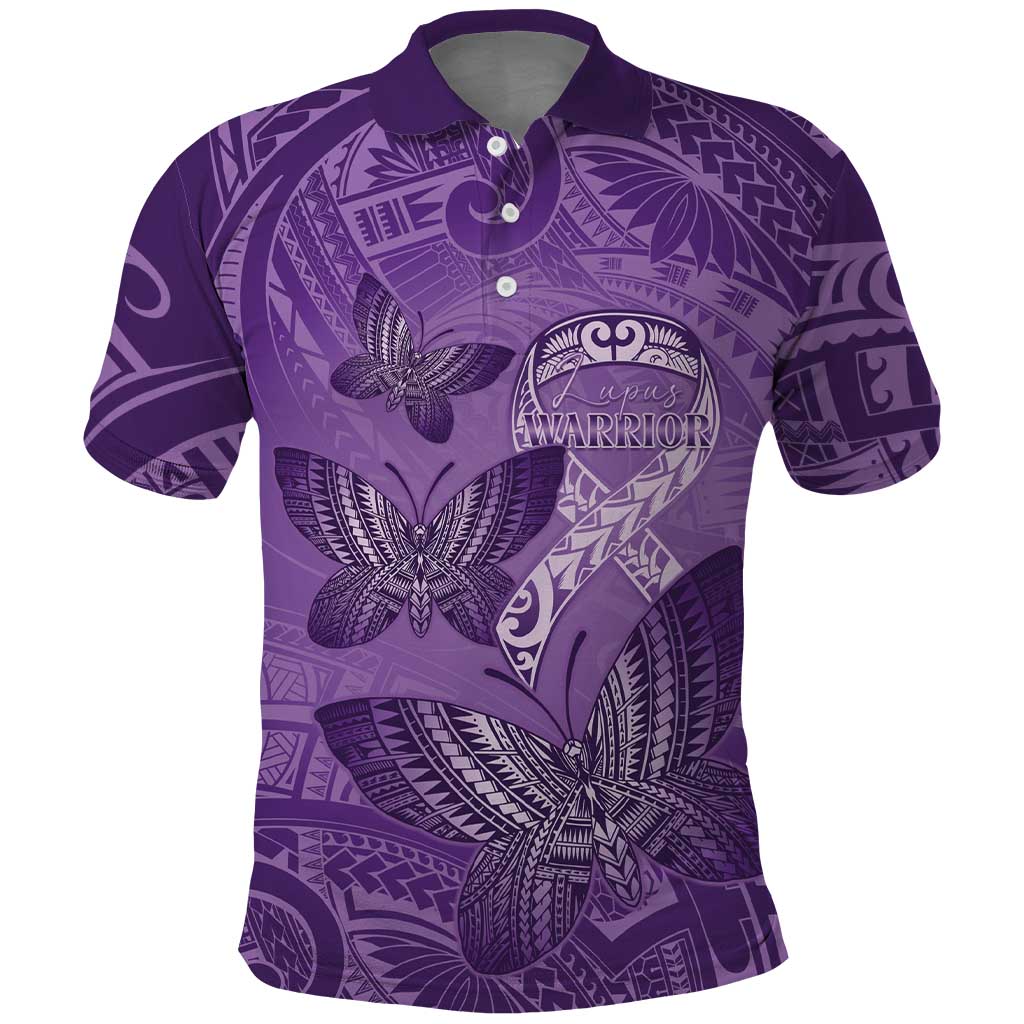 Personalised Polynesia Lupus Awareness Month Polo Shirt Warrior Purple Ribbon Polynesian Butterflies