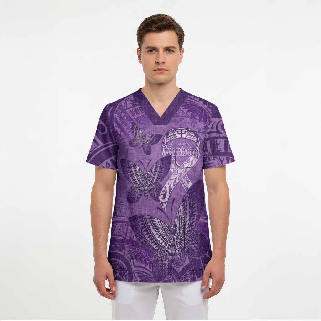 Personalised Polynesia Lupus Awareness Month Scrub Top Warrior Purple Ribbon Polynesian Butterflies