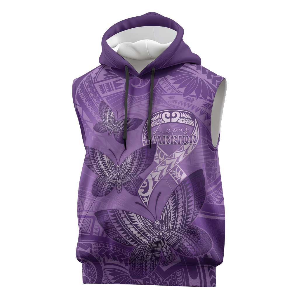 Personalised Polynesia Lupus Awareness Month Sleeveless Hoodie Warrior Purple Ribbon Polynesian Butterflies