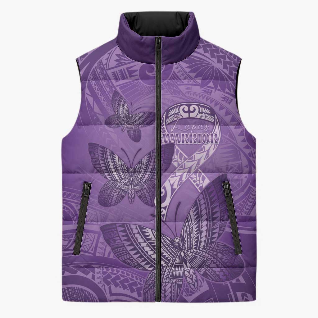 Personalised Polynesia Lupus Awareness Month Sleeveless Puffer Jacket Warrior Purple Ribbon Polynesian Butterflies
