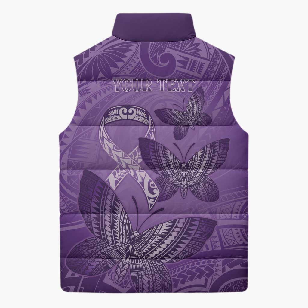Personalised Polynesia Lupus Awareness Month Sleeveless Puffer Jacket Warrior Purple Ribbon Polynesian Butterflies