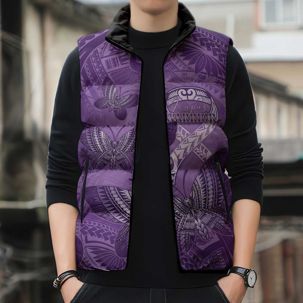Personalised Polynesia Lupus Awareness Month Sleeveless Puffer Jacket Warrior Purple Ribbon Polynesian Butterflies