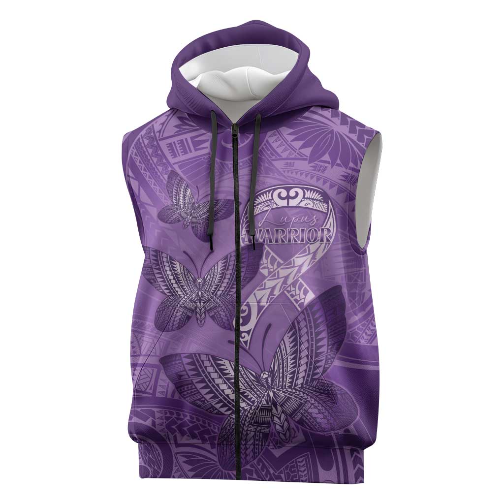 Personalised Polynesia Lupus Awareness Month Sleeveless Zip Hoodie Warrior Purple Ribbon Polynesian Butterflies