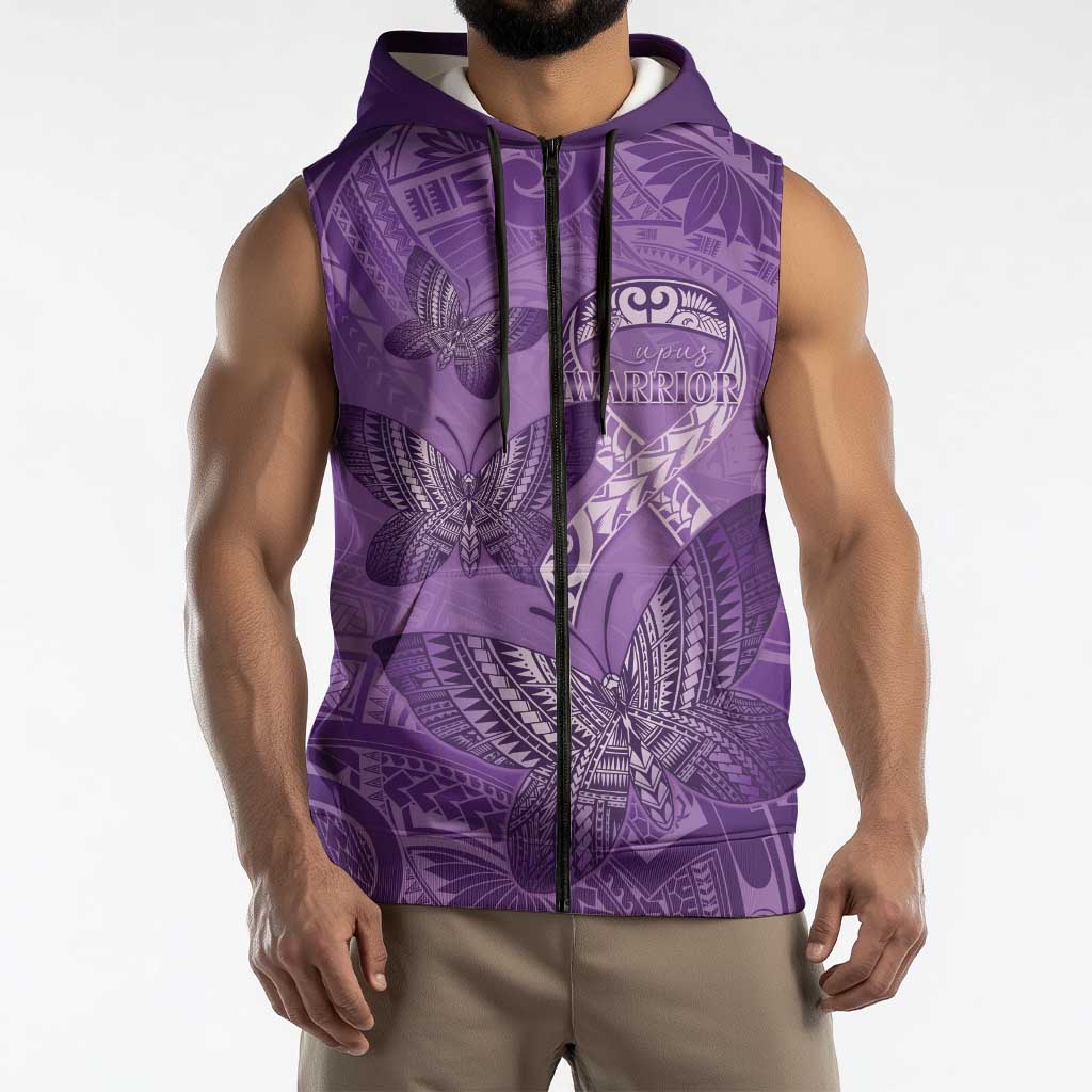 Personalised Polynesia Lupus Awareness Month Sleeveless Zip Hoodie Warrior Purple Ribbon Polynesian Butterflies
