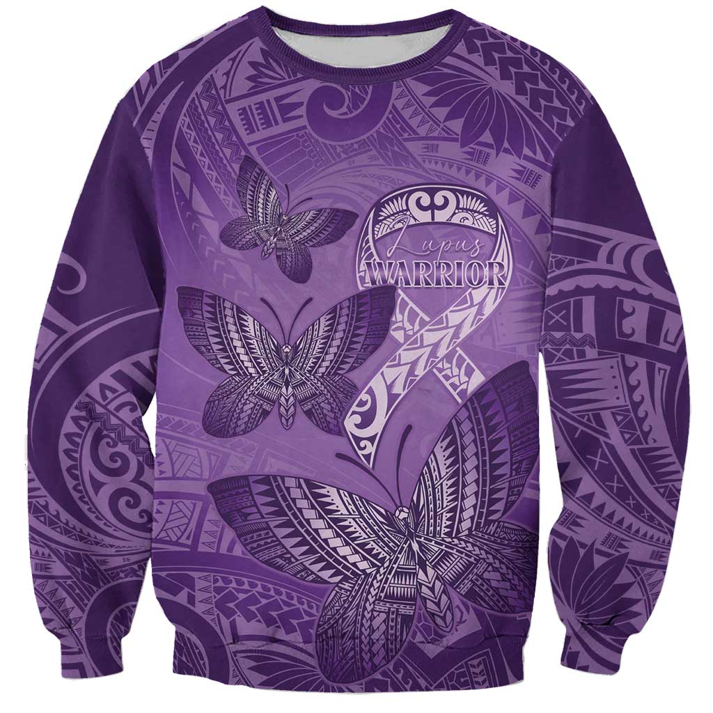 Personalised Polynesia Lupus Awareness Month Sweatshirt Warrior Purple Ribbon Polynesian Butterflies