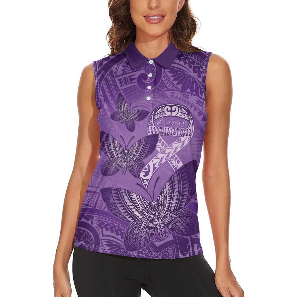 Personalised Polynesia Lupus Awareness Month Women Sleeveless Polo Shirt Warrior Purple Ribbon Polynesian Butterflies