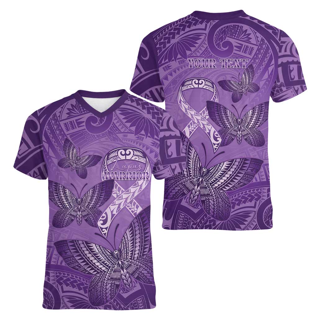 Personalised Polynesia Lupus Awareness Month Women V-Neck T-Shirt Warrior Purple Ribbon Polynesian Butterflies LT14 - Polynesian Pride