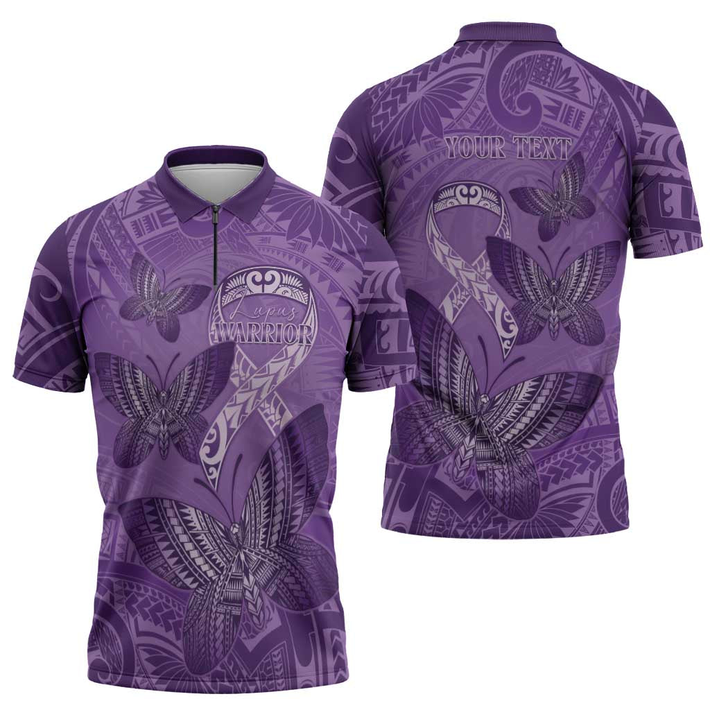 Personalised Polynesia Lupus Awareness Month Zipper Polo Shirt Warrior Purple Ribbon Polynesian Butterflies